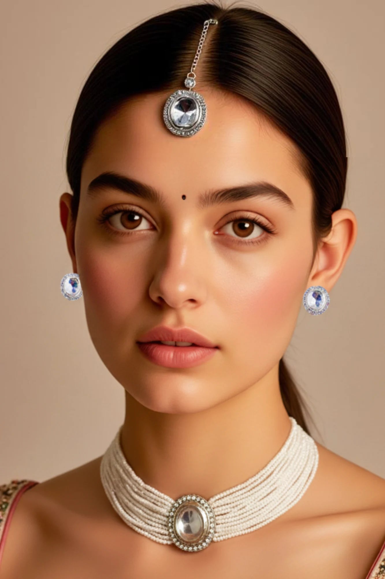Elegant White Beaded Choker Necklace, Earrings & Maang Tikka Set for Women and Girls