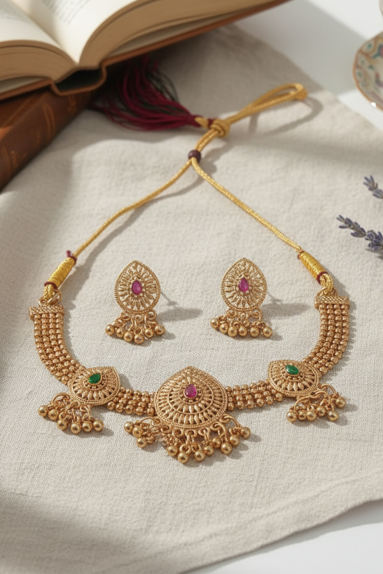 Traditional Gold-Plated Temple Necklace Set with Red & Green Stones for Women and Girls