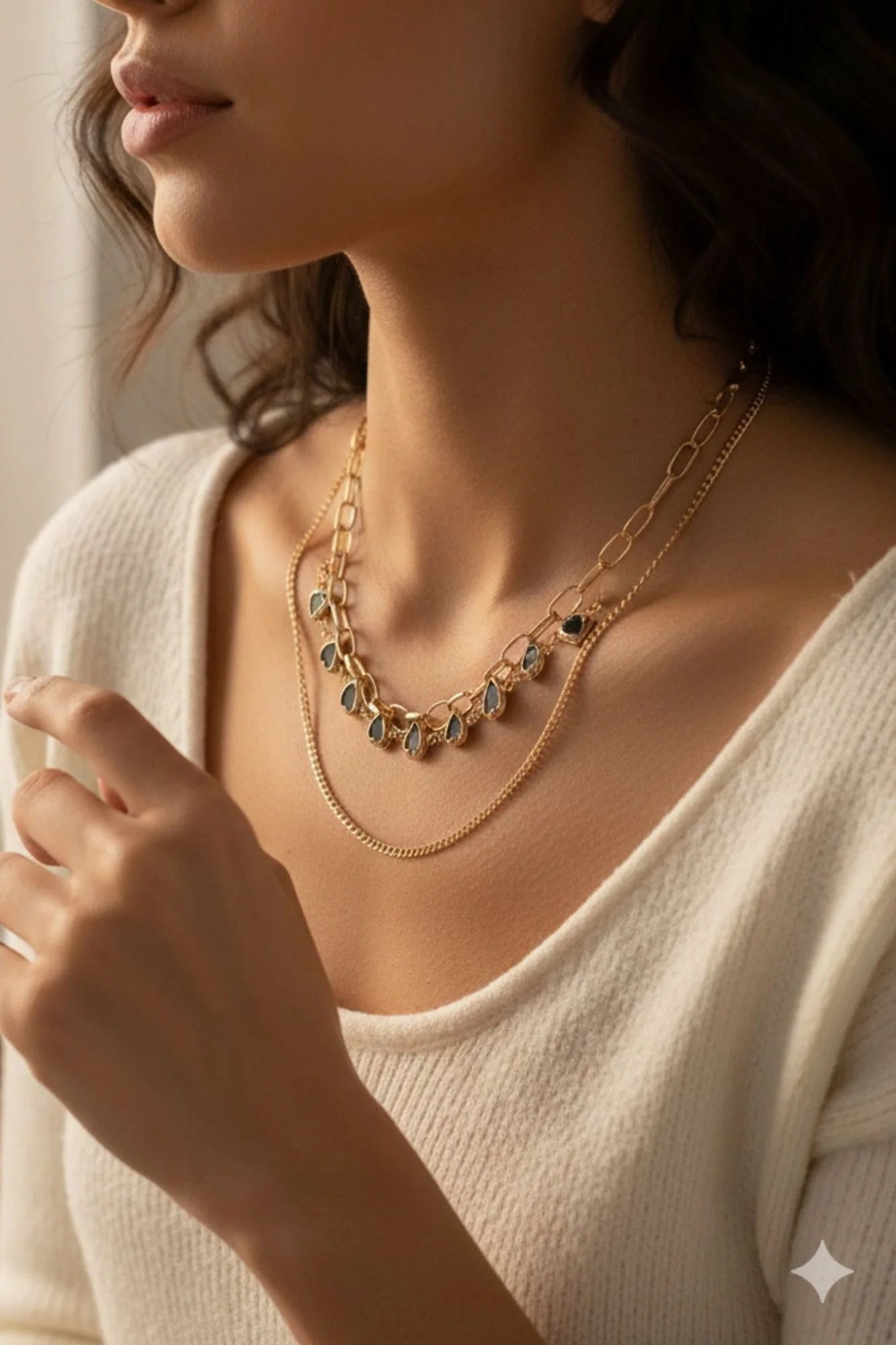 Rose Gold Triple Layer Necklace Set with Black Heart Charms for Women and Girls.
