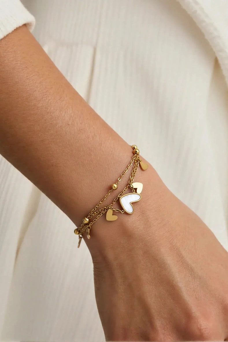 Gold-Tone Double Chain Heart Charm Bracelet with Mother of Pearl Heart Pendant
