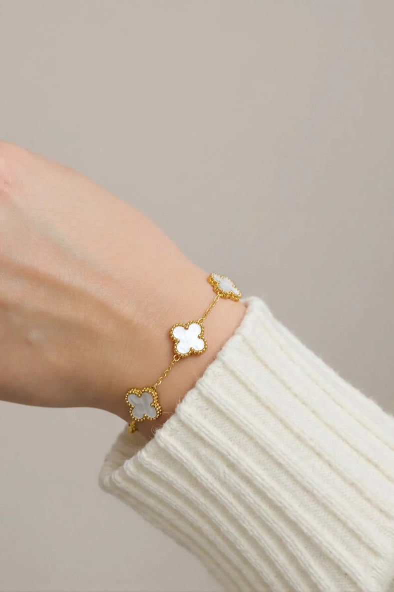 Elegant Five Clover White Enamel Gold-Tone Bracelet for Women and Girl