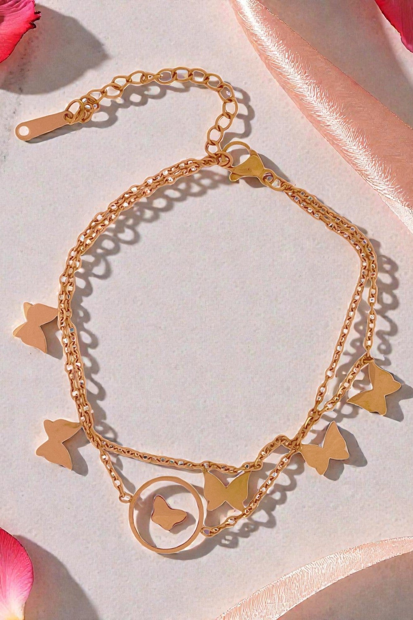 Rose Gold Double Layer Butterfly Charm Bracelet - Adjustable Multi-Strand Chain Bracelet with Circle Pendant