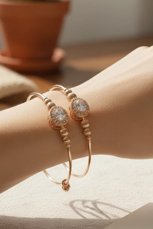 Elegant Gold-Tone Adjustable Oval Stone Bangle/Bracelet Set for Women and Girls