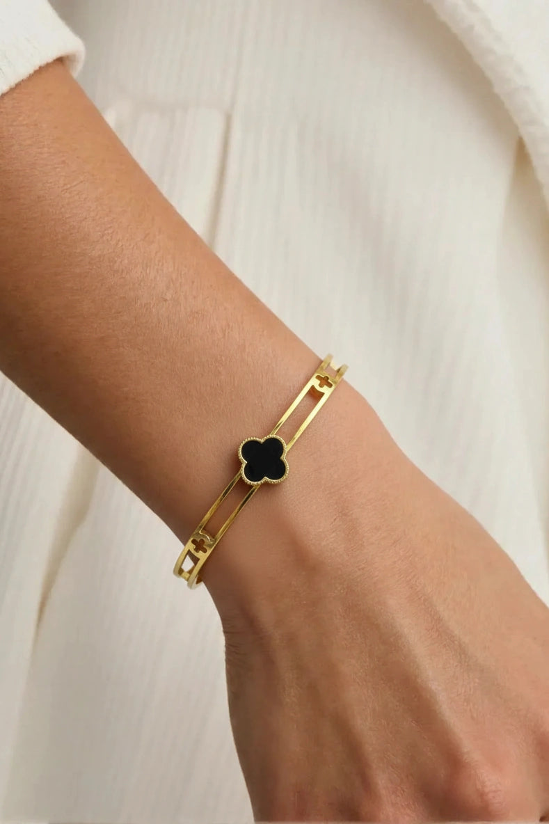 Elegant Black Clover Gold Plated Bangle Bracelet for Women and Girls