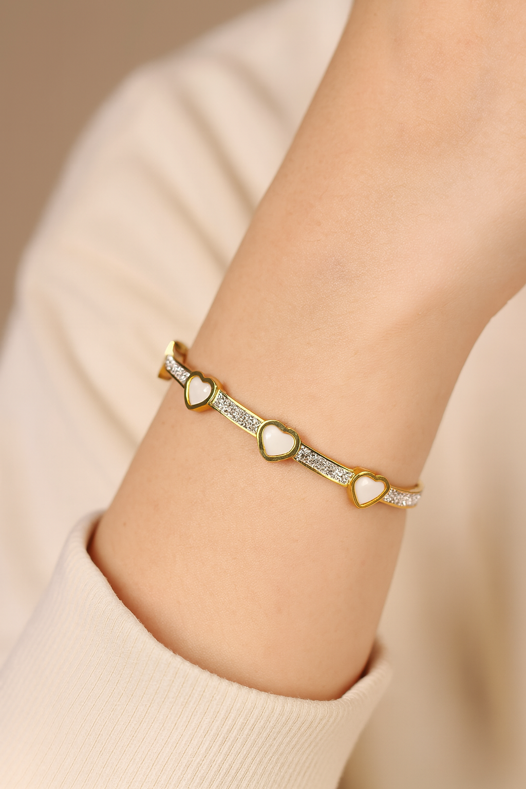 Gold-Tone Mother of Pearl Heart Bangle Bracelet with Crystal Embellishments