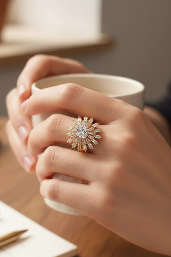 Gold-Plated Sunburst Baguette Cocktail Ring for Women.