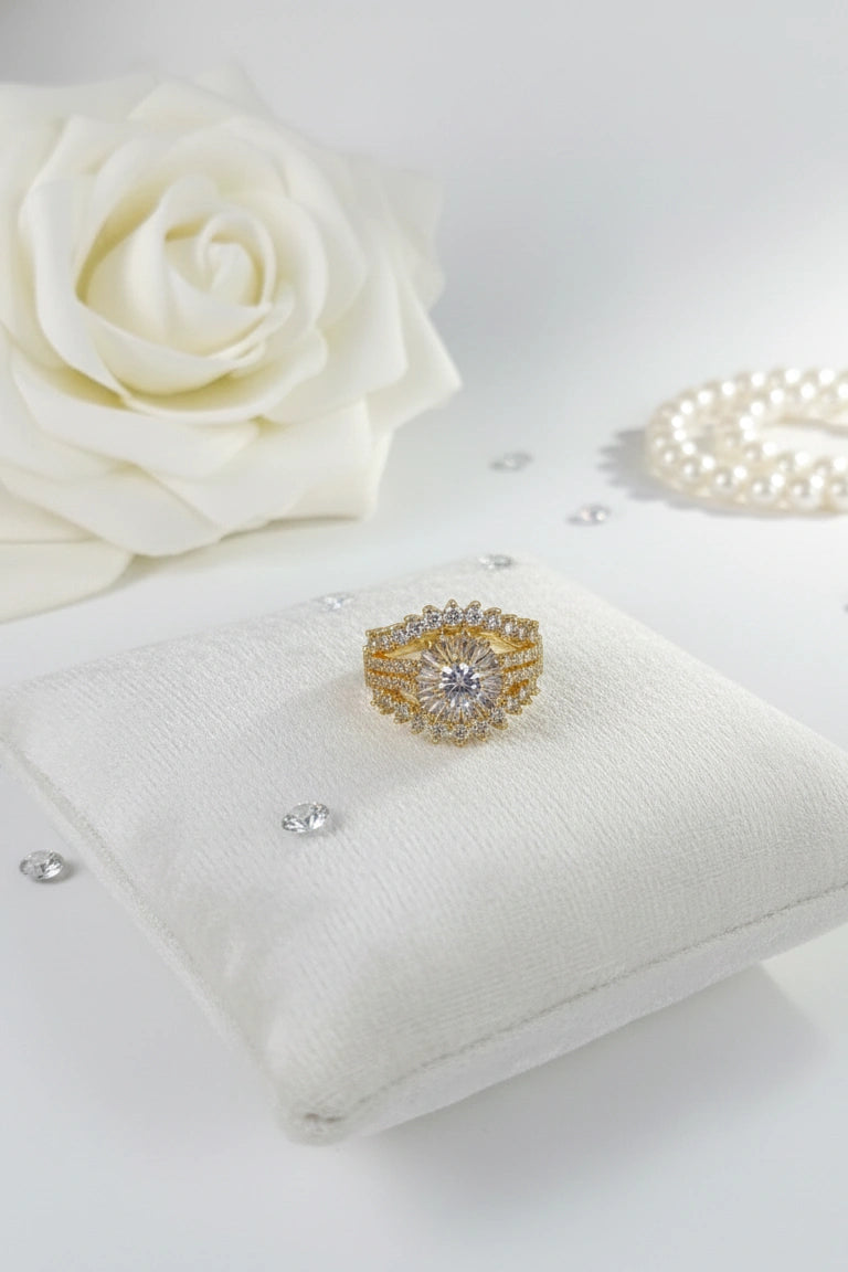 Gold-Plated Crystal Halo Adjustable Cocktail Ring for Women and Girl