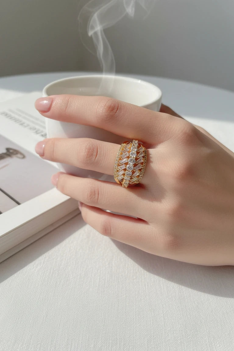 Gold-Plated Multi-Row Baguette & Round Crystal Adjustable Statement Ring for Women and Girl