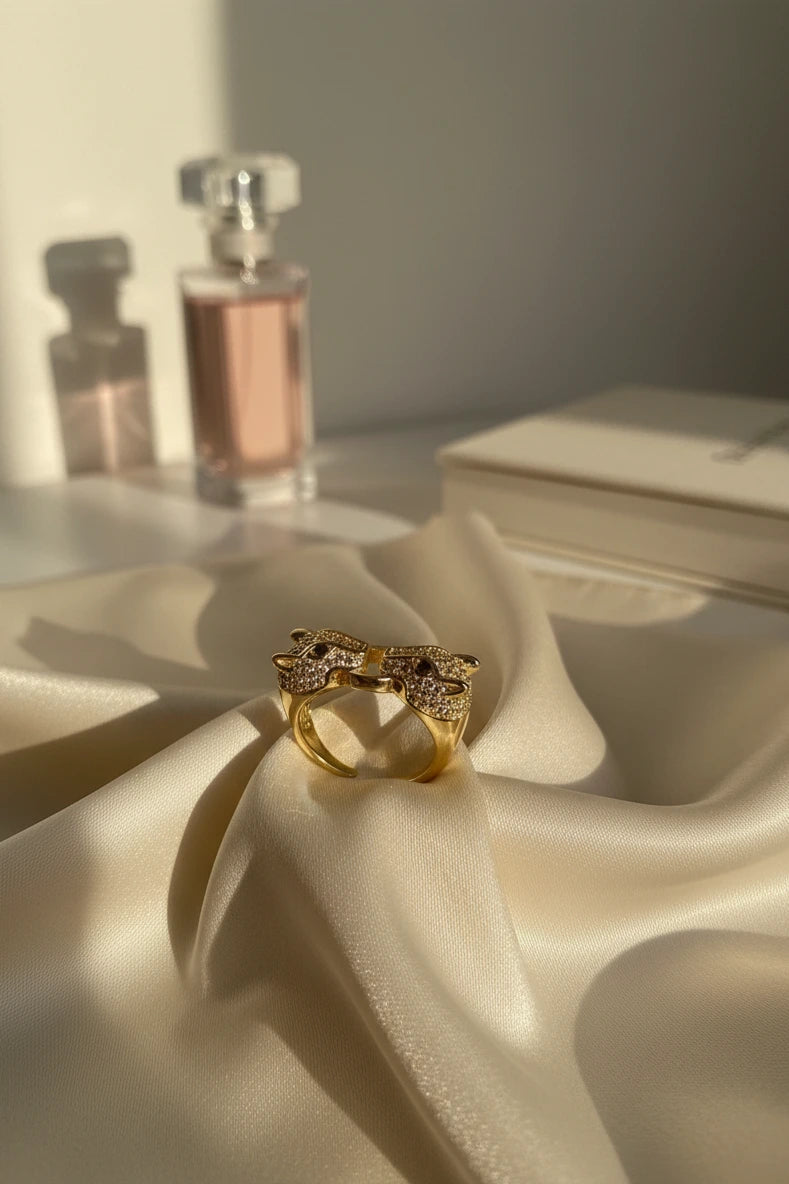 Panther Head Double Tiger CZ Gold-Plated Adjustable Ring for Men & Women