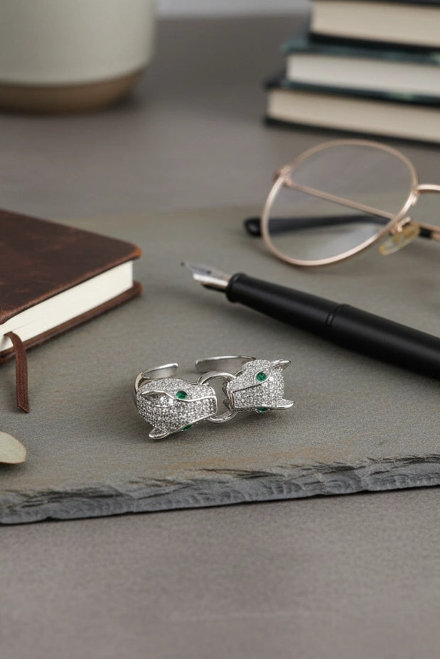 Dual Panther Head Green-Eye Adjustable Ring, Silver-Tone CZ Statement Jewelry for Men & Women.