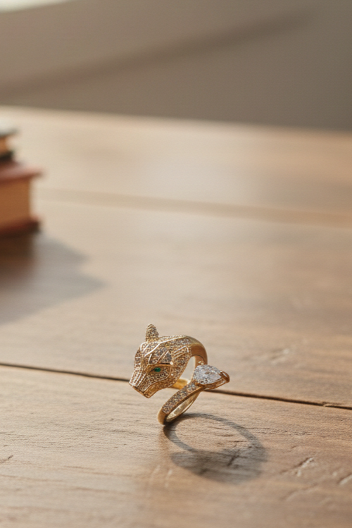 Panther Head Open Adjustable Gold‑Tone CZ Statement Ring for Women.