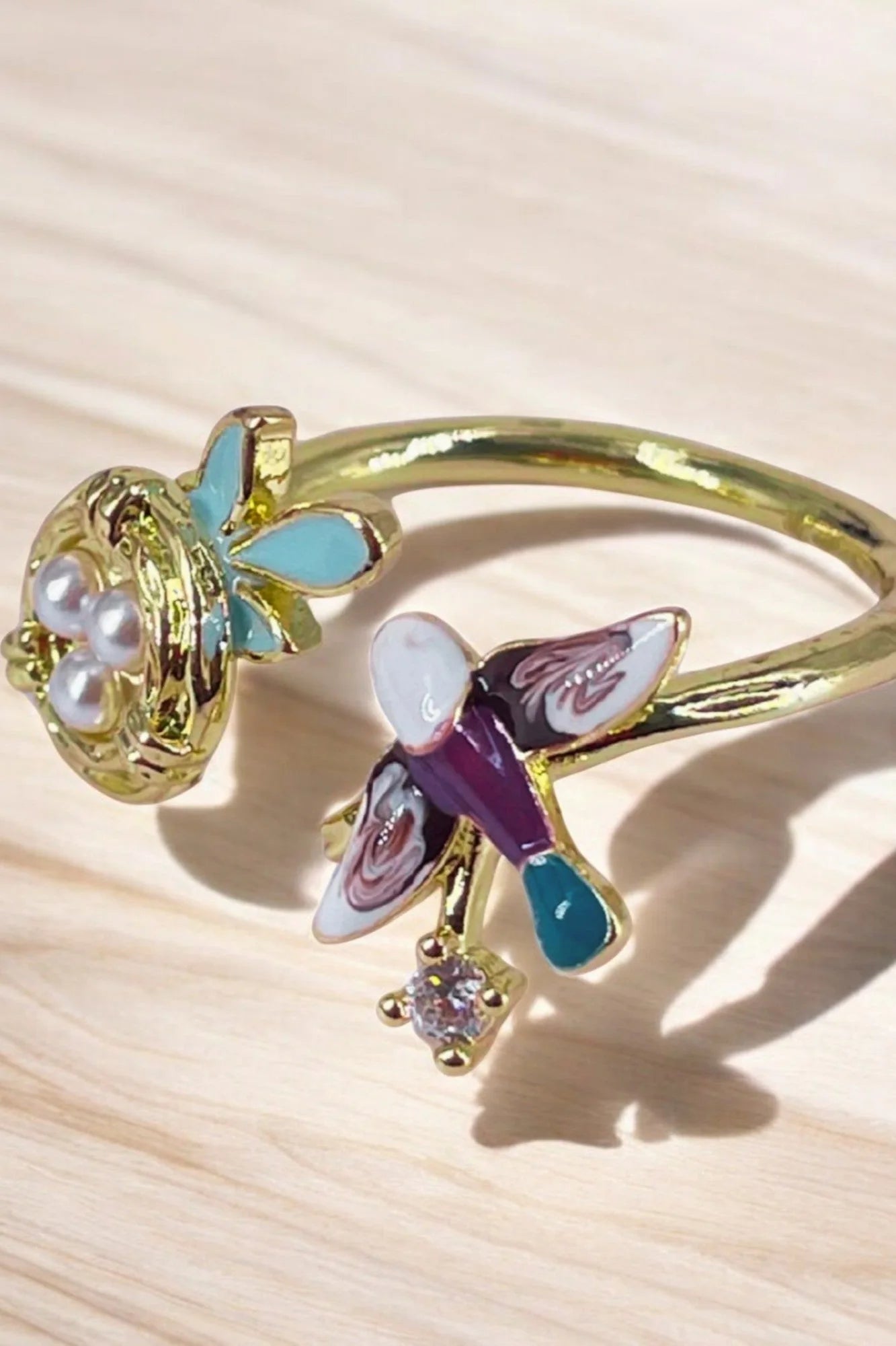Enamel Hummingbird & Nest Adjustable Gold-Tone Ring