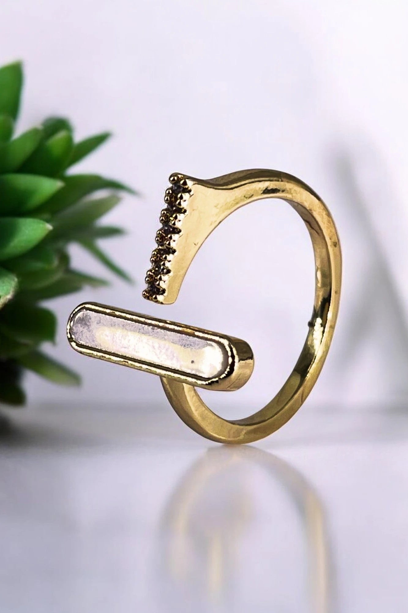 Minimalist Open Bar Ring with Mother-of-Pearl and Crystal Accents