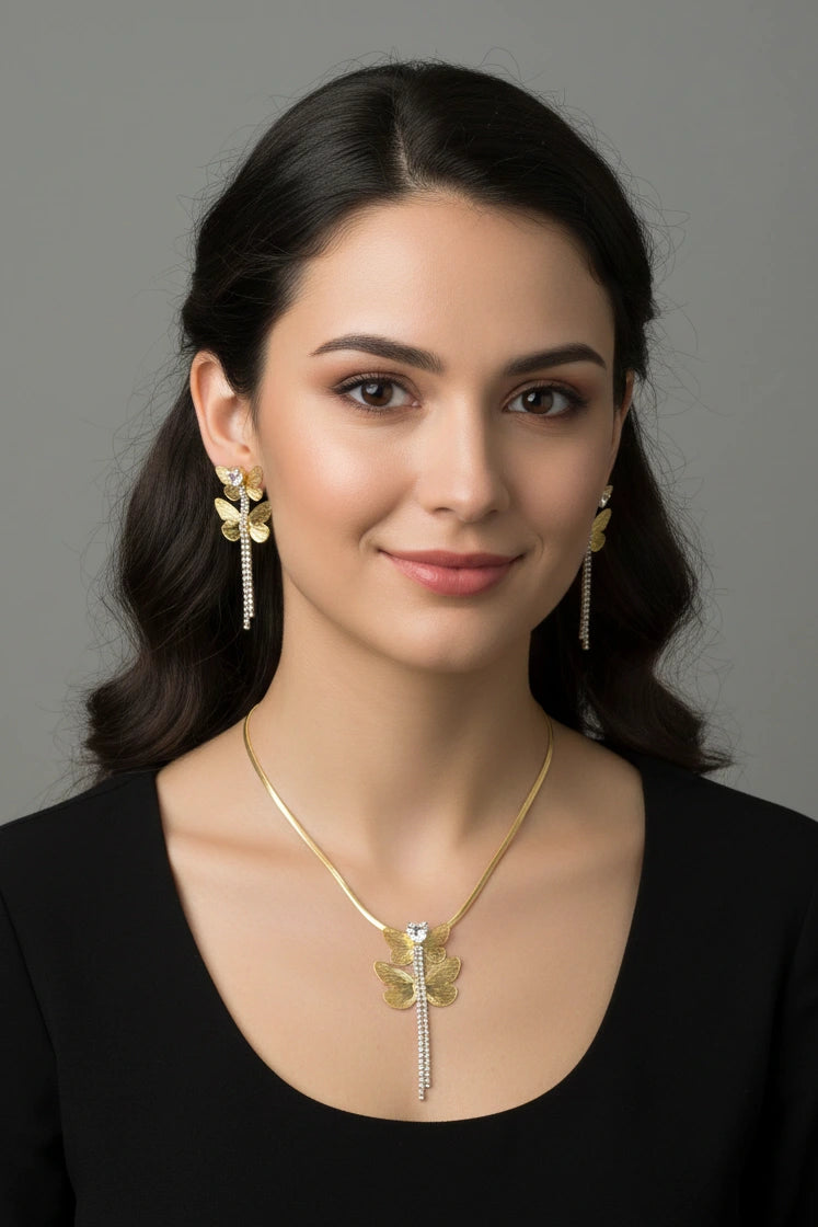 Elegant Gold-Tone Dragonfly Necklace Set with Crystal Pendant & Matching Earrings for Women and Girls.