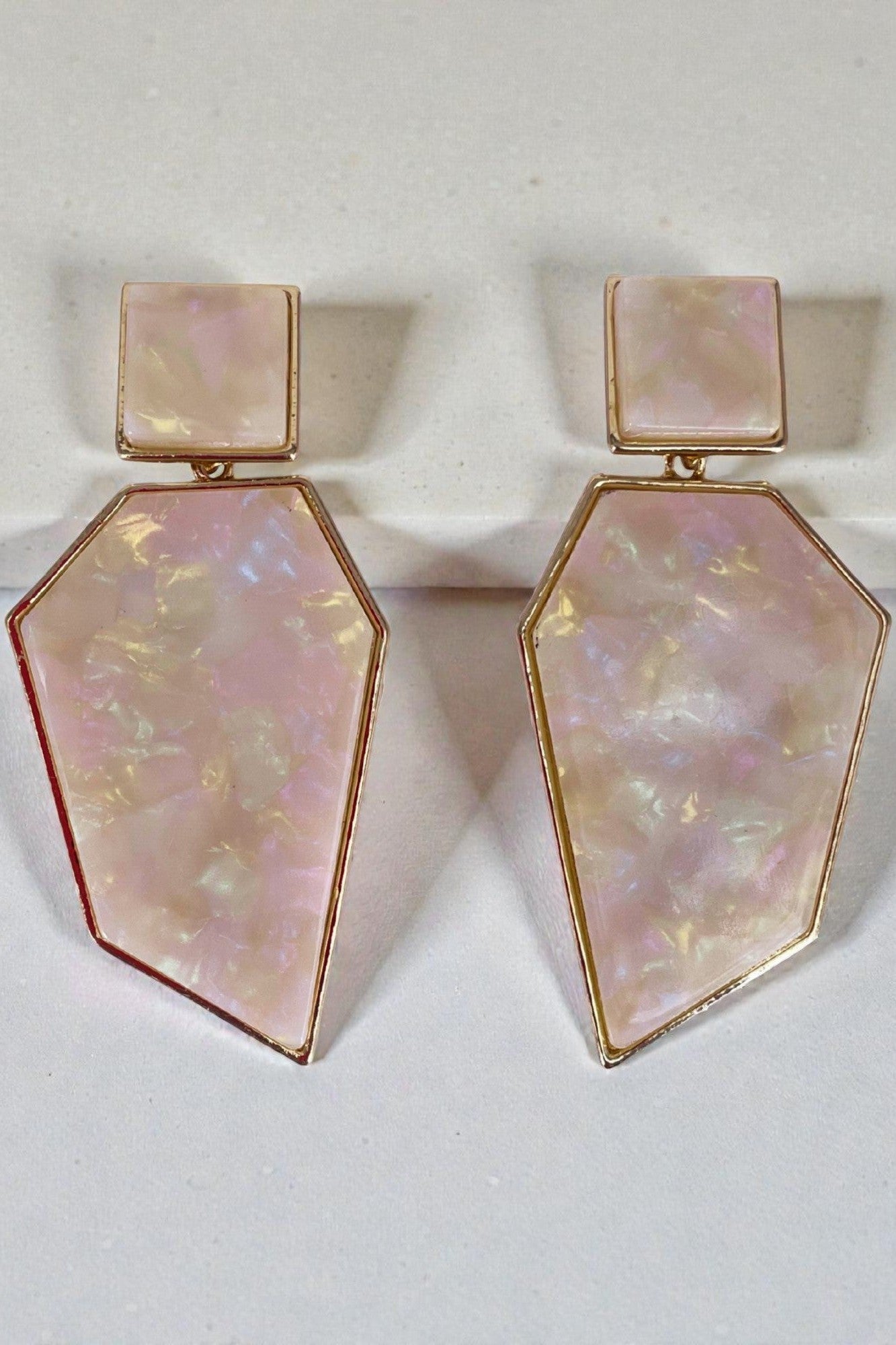Pastel Pink Iridescent Geometric Resin Drop Earrings