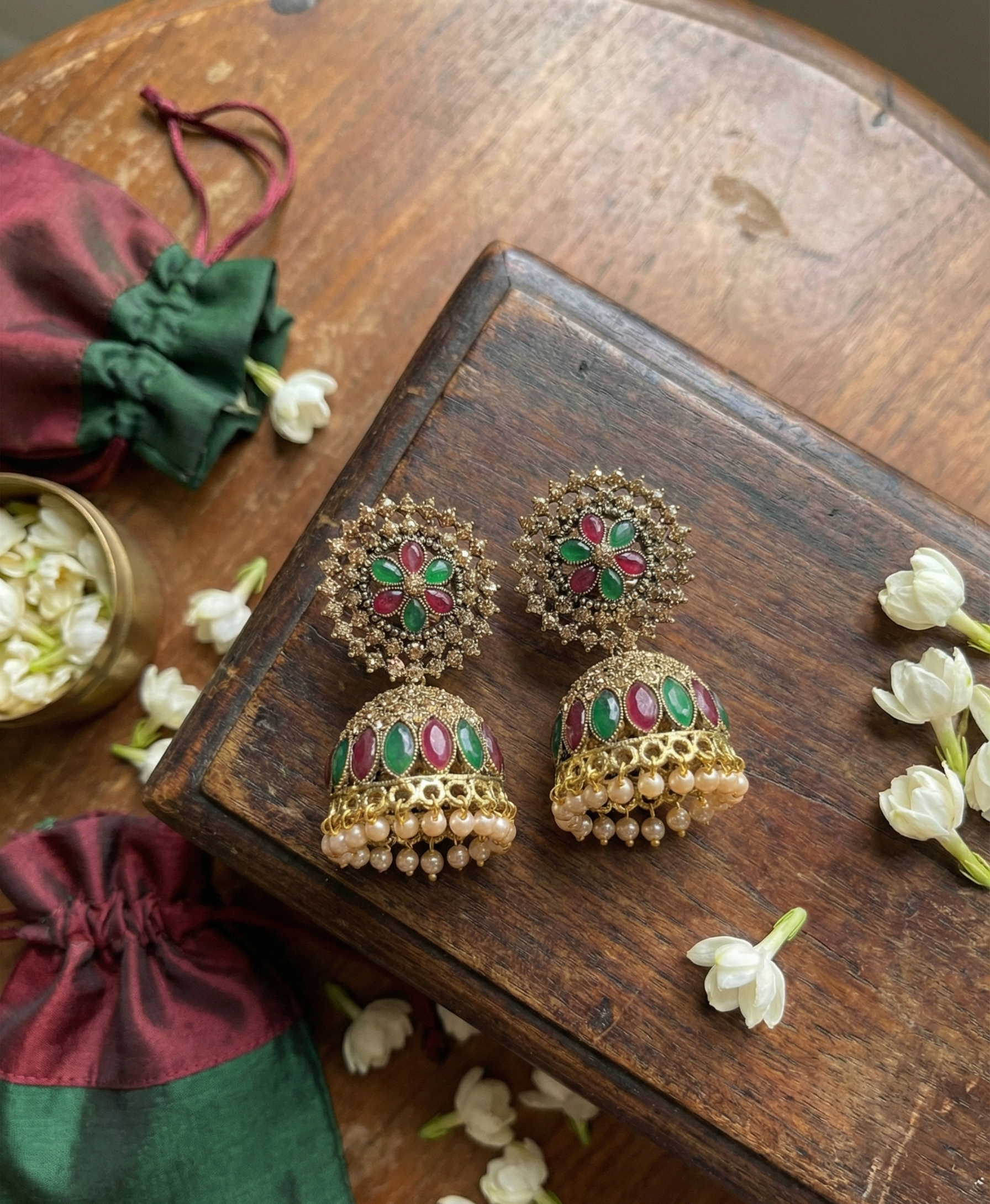Luxury Ruby & Emerald Floral Antique Gold Jhumka Earrings