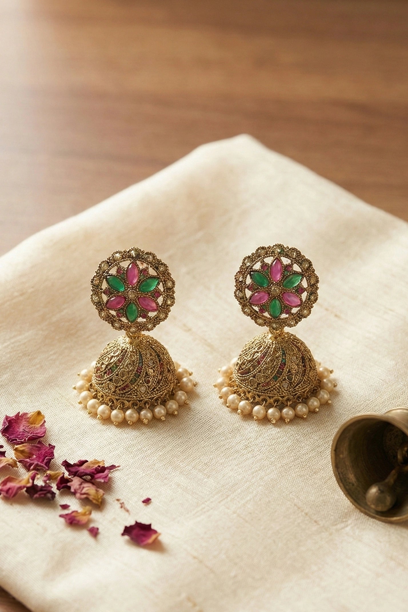 Luxury Antique Gold Swirl Jhumka Earrings with Ruby & Emerald Stones