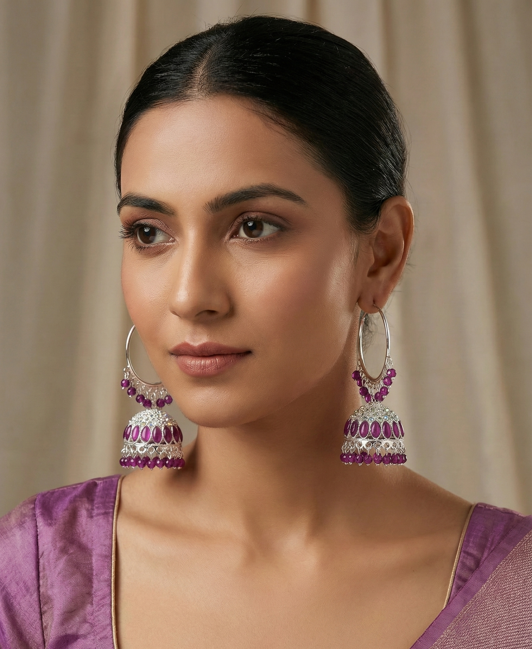 Luxury Silver-Tone Ruby Pink Hoop Bali Jhumka Earrings