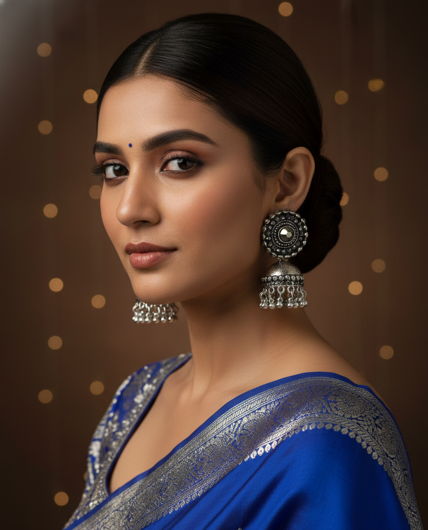 Luxury Oxidized Silver Round Stud Ghungroo Jhumka Earrings