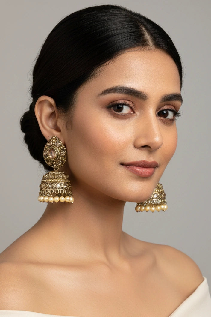 Luxury Champagne Teardrop Kundan-Style Jhumka Earrings
