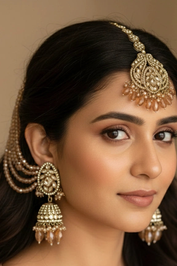OMID Luxury Champagne Kundan Jhumka Earring & Maang Tikka Bridal Set with Crystal Ear Chains