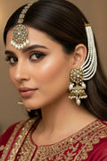 Luxury White Pearl & Kundan Bridal Jhumka Set with Maang Tikka & Ear Chains