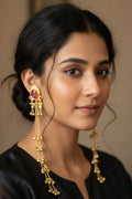 OMID Luxury Pink Stone & Gold Chain Tassel Drop Kashmiri Earrings