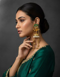 Luxury Green & Honey Stone Jhumka Earrings with Long Chain Drops