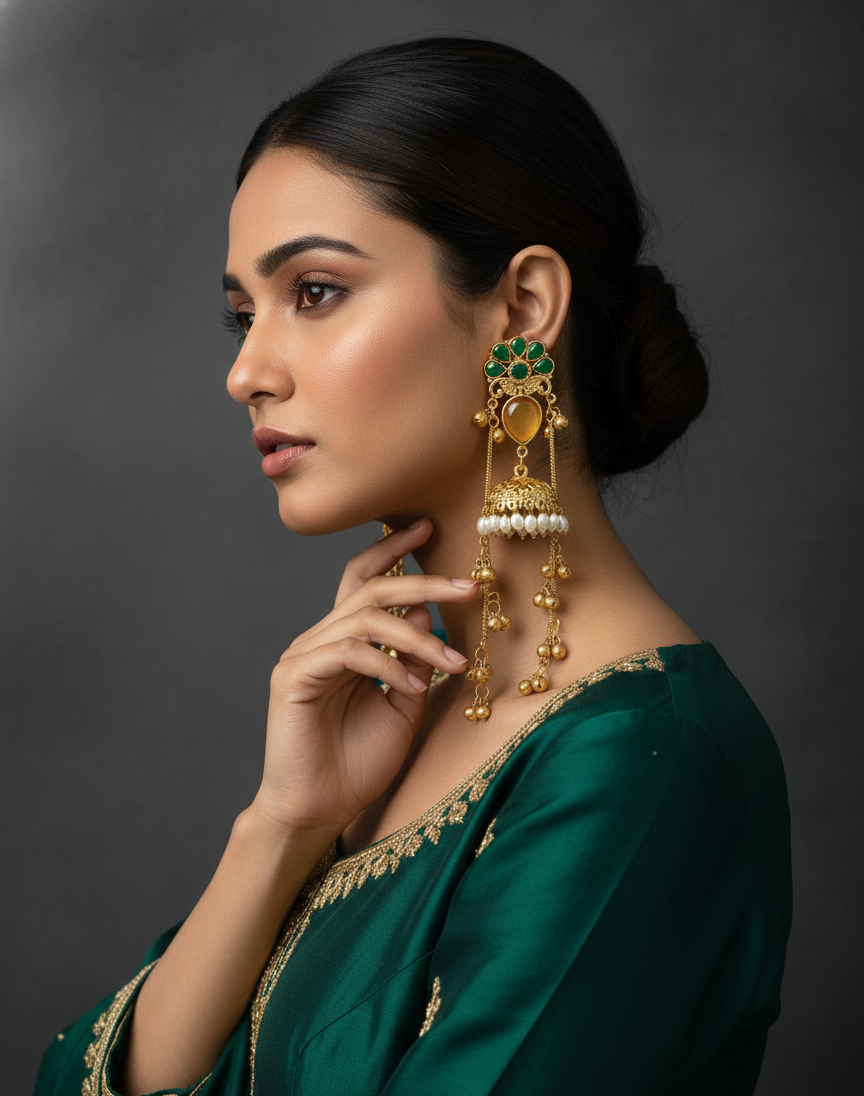 Luxury Green & Honey Stone Jhumka Earrings with Long Chain Drops