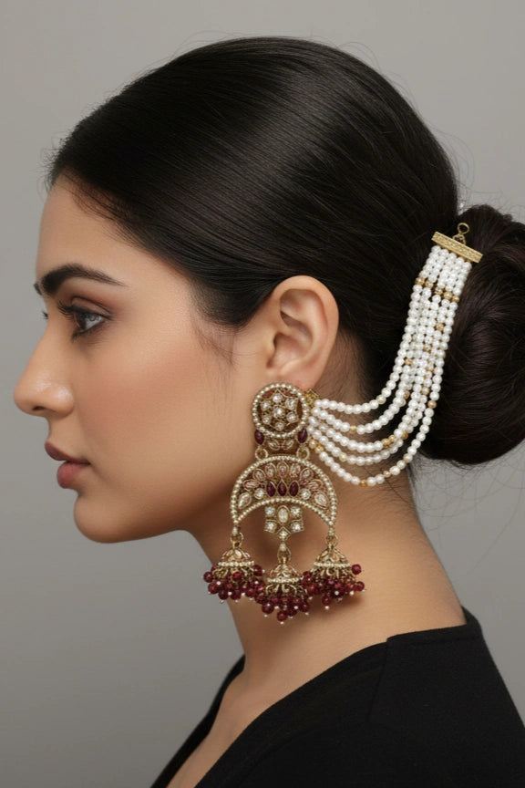 Luxury Antique Gold Chandbali Jhumka Earrings With Pearl Ear Chains