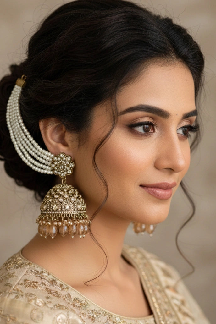 Luxury Antique Gold & Champagne Bahubali Jhumka Earrings with Pearl Chains