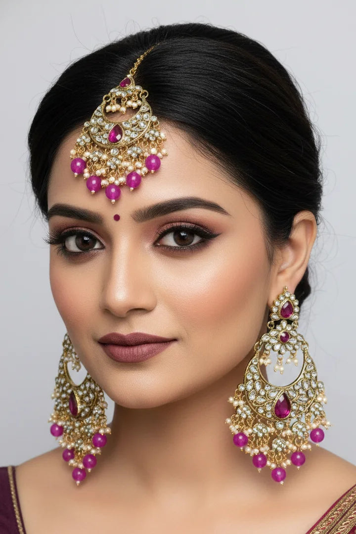 Luxury Pink Kundan Chandbali Earring & Maang Tikka Set