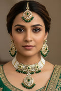 Luxury Green Kundan & Pearl Choker Necklace Set with Earrings & Maang Tikka