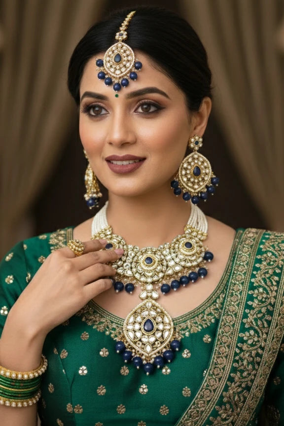 Luxury Sapphire Blue Kundan & Pearl Choker Necklace Set with Earrings & Maang Tikka