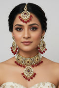 Luxury Maroon Red Kundan & Pearl Choker Necklace Set with Earrings & Maang Tikka