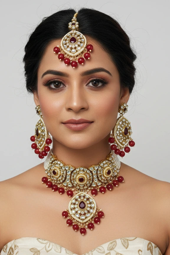 Luxury Maroon Red Kundan & Pearl Choker Necklace Set with Earrings & Maang Tikka