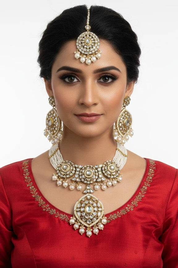 OMID Luxury White Pearl & Kundan Choker Necklace Set with Earrings & Maang Tikka