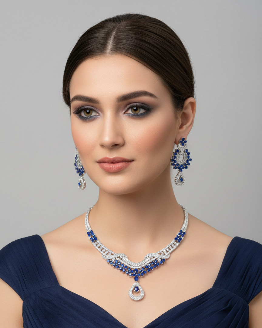 Luxury Sapphire Blue & American Diamond Geometric Collar Necklace Set