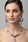 OMID Luxury Ruby Pink & American Diamond Geometric Collar Necklace Set