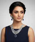 Luxury Multi-Layered American Diamond & Sapphire Blue Teardrop Choker Set