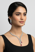 Luxury Ruby Red & American Diamond V-Shape Lariat Necklace Set