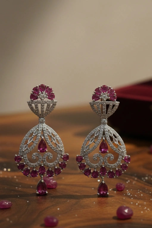 Luxury Ruby Pink & American Diamond Floral Drop Earrings