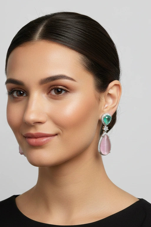 Luxury Mint Green & Baby Pink American Diamond Halo Drop Earrings