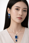 Luxury Sapphire Blue & American Diamond Geometric Pendant Necklace Set