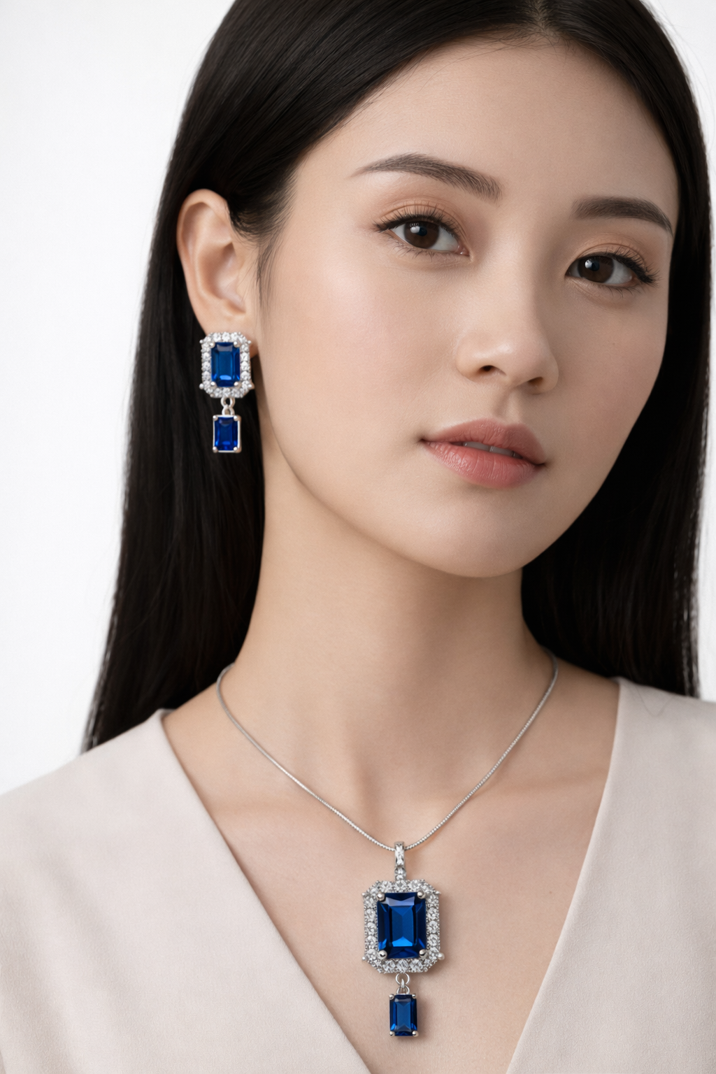 Luxury Sapphire Blue & American Diamond Geometric Pendant Necklace Set