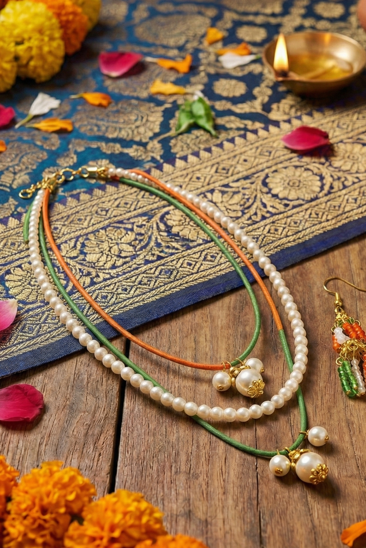 Tricolour Pearl Beaded Necklace & Earring Set for Women and Girls – Traditional Indian Flag Jewellery for Independence Day & Republic Day