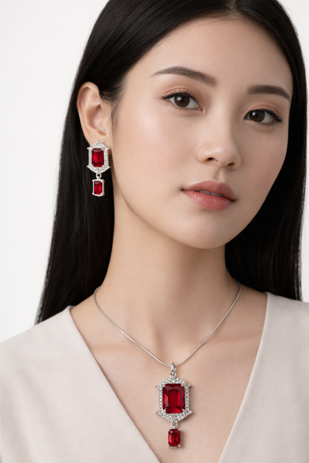 Luxury Ruby Red & American Diamond Geometric Pendant Necklace Set