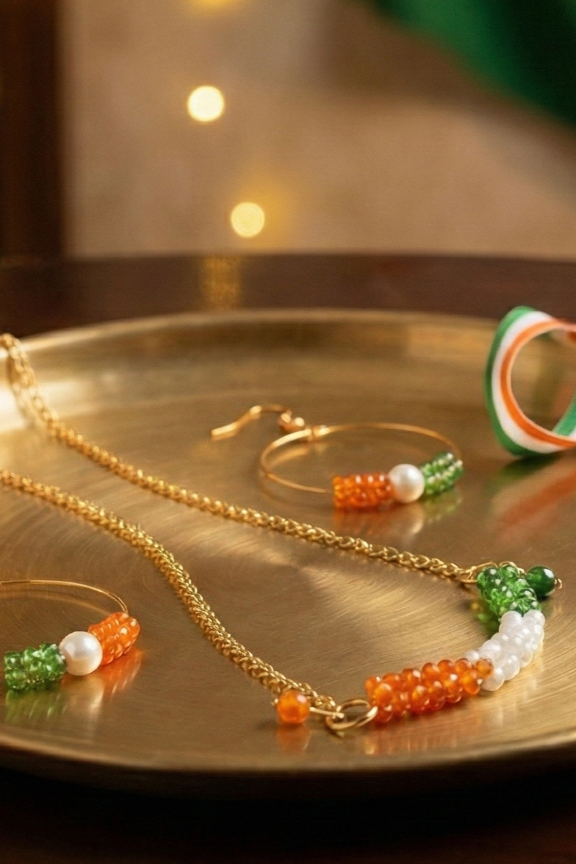 Patriotic Tricolour Beaded Necklace & Hoop Earrings Jewellery Set for Women & Girls