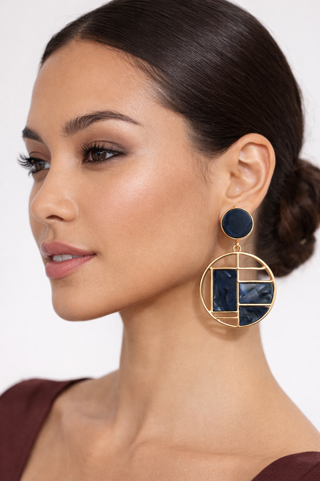 Luxury Navy Blue Marbled Geometric Round Drop Earrings