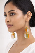 Bohemian Multi-Tiered Beaded Tassel Drop Earrings – Gold-Tone Filigree Accents in Orange, White, and Green